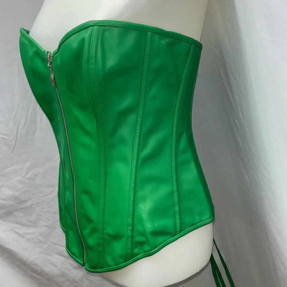 New green corset vegan leather front zip/back lace up Halloween XL - Picture 3 of 8